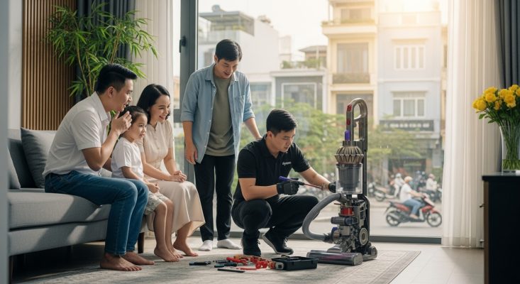 dich vu sua may hut bui dyson viet nam 4 Kỹ thuật viên người Việt đang tỉ mỉ sửa chữa thân máy hút bụi Dyson không dây trong xưởng hiện đại.
